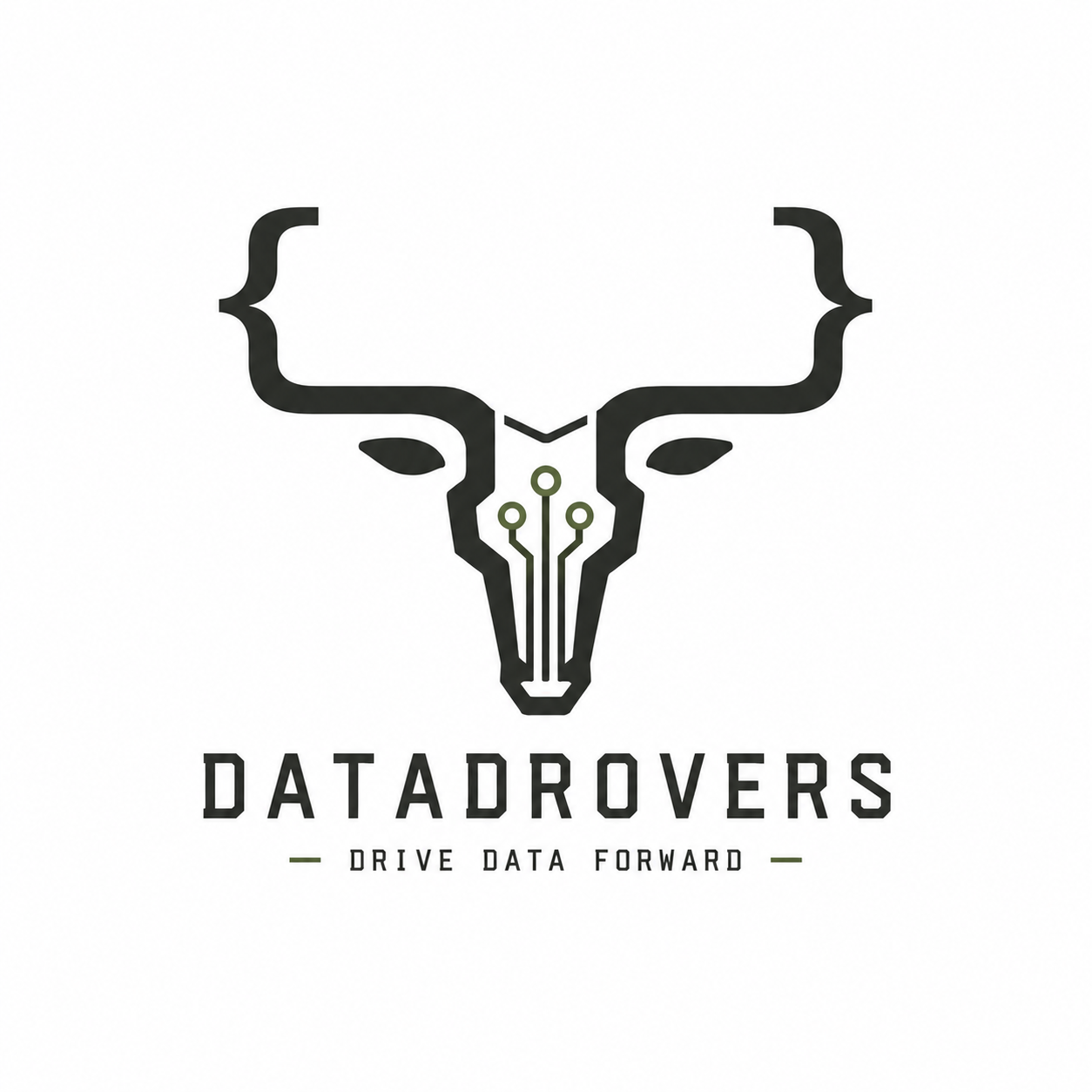 Datadrovers logo — a longhorn skull with curly-brace horns and a circuit-trace nose, in desert sage