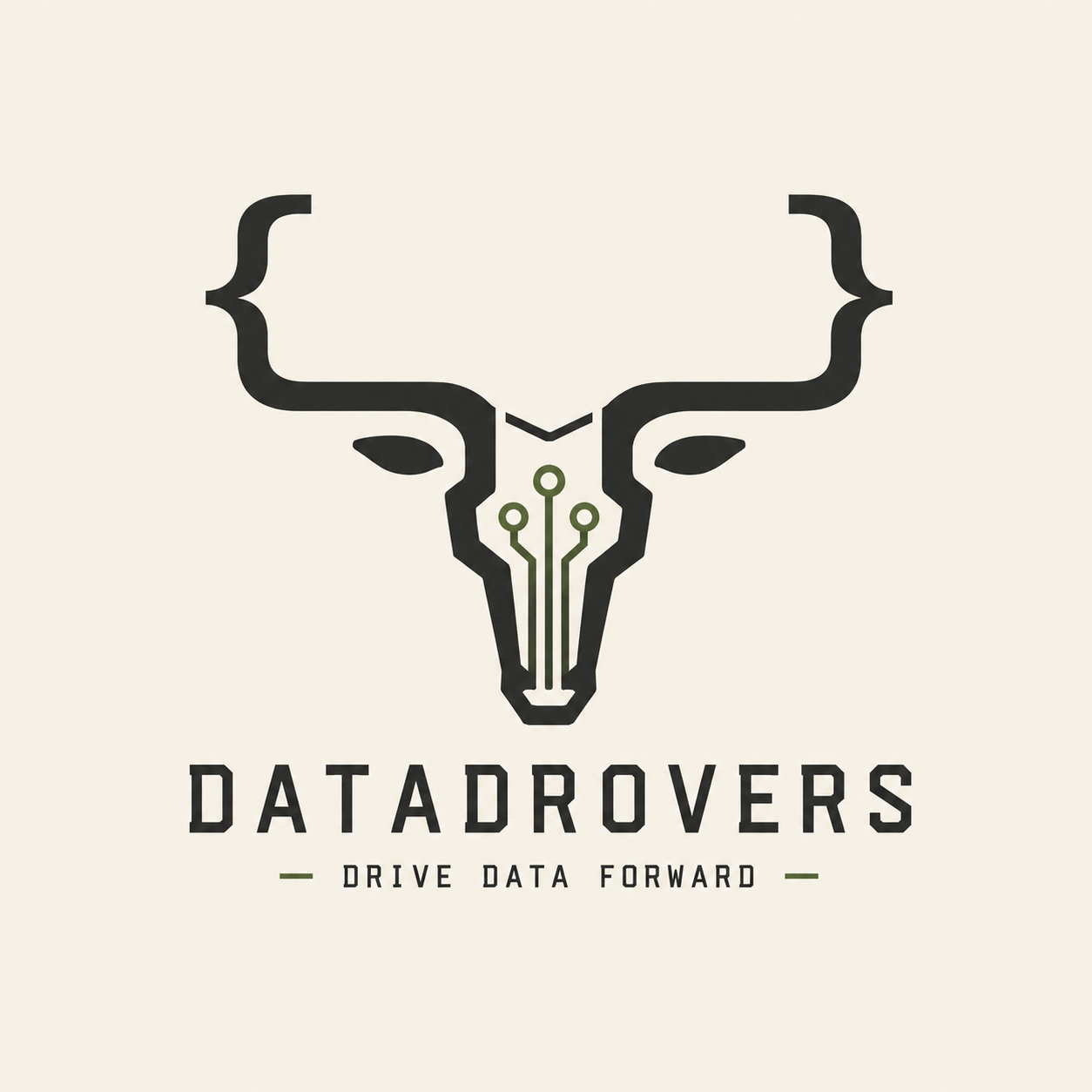 Data Drovers logo — a longhorn skull with curly-brace horns and a circuit-trace nose, in desert sage